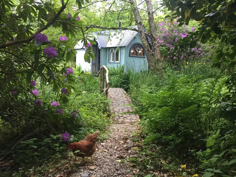 A cobbled path and bridge leading to the hut, with a hen in the foreground