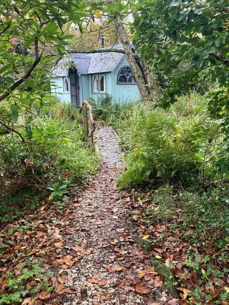 A leaf-strewn path leading to the hut in autumn
