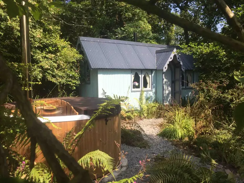 The wood-fired hot tub beside the shepherd's hut, surrounded by ferns